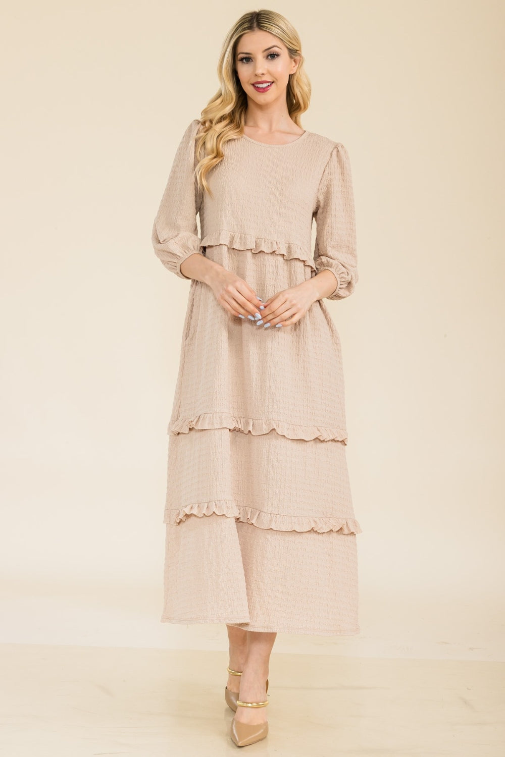 Celeste Full Size Tiered-Ruffle Midi Dress Beige