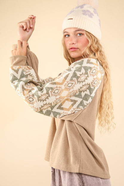 VERY J Printed Long Sleeve Round Neck Knit Top