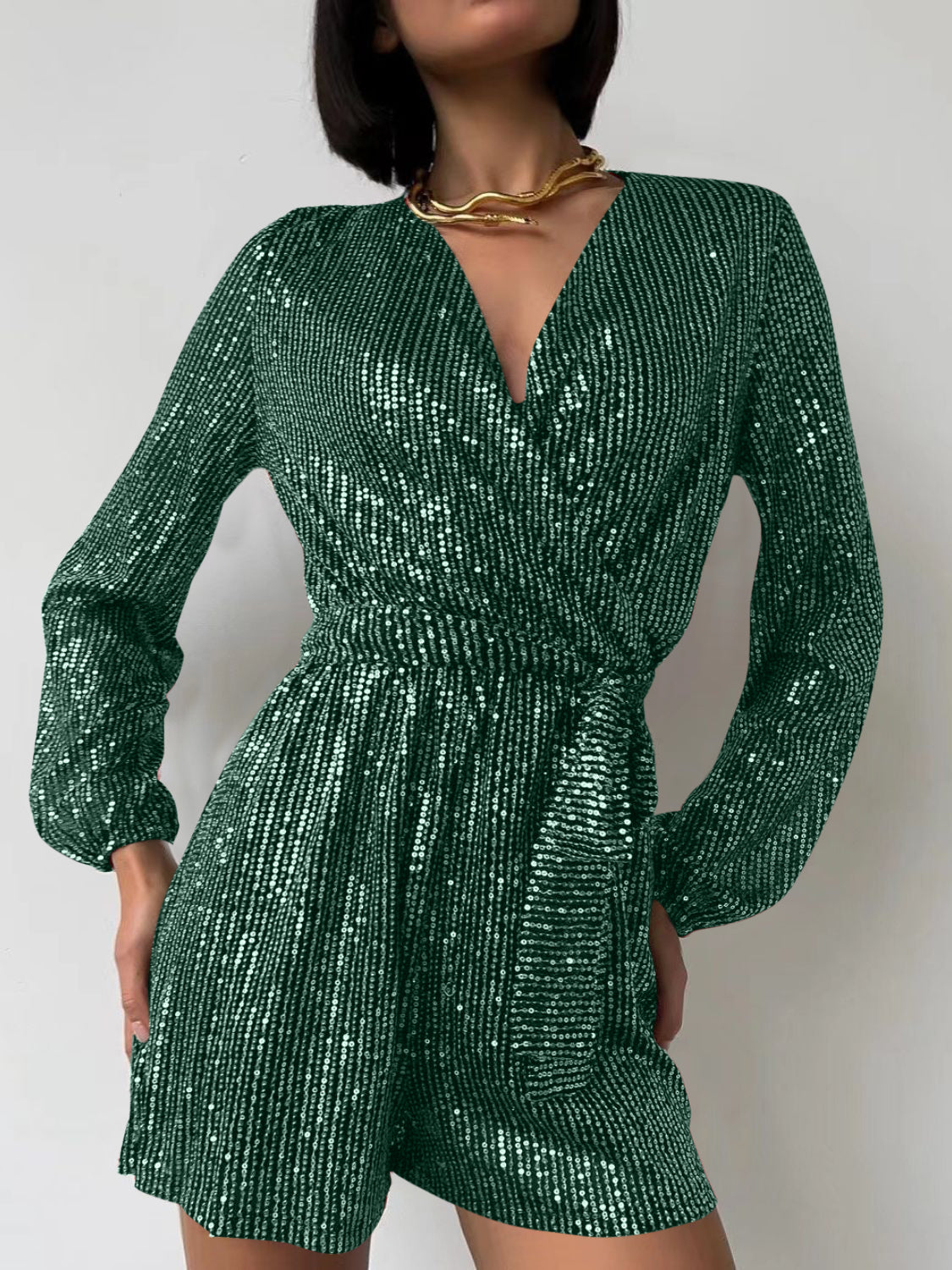 Full Size Sequin Surplice Tie Waist Long Sleeve Romper Dark Green