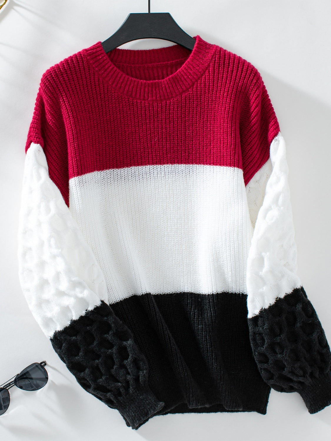 Color Block Round Neck Long Sleeve Sweater Deep Red