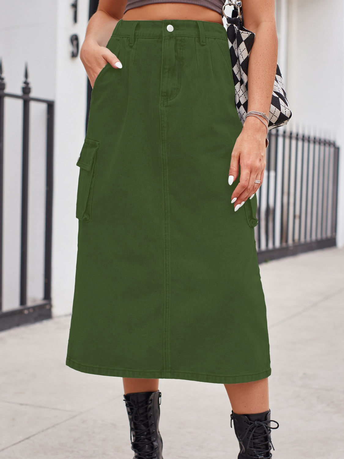 Slit Buttoned Denim Skirt with Pockets Army Green
