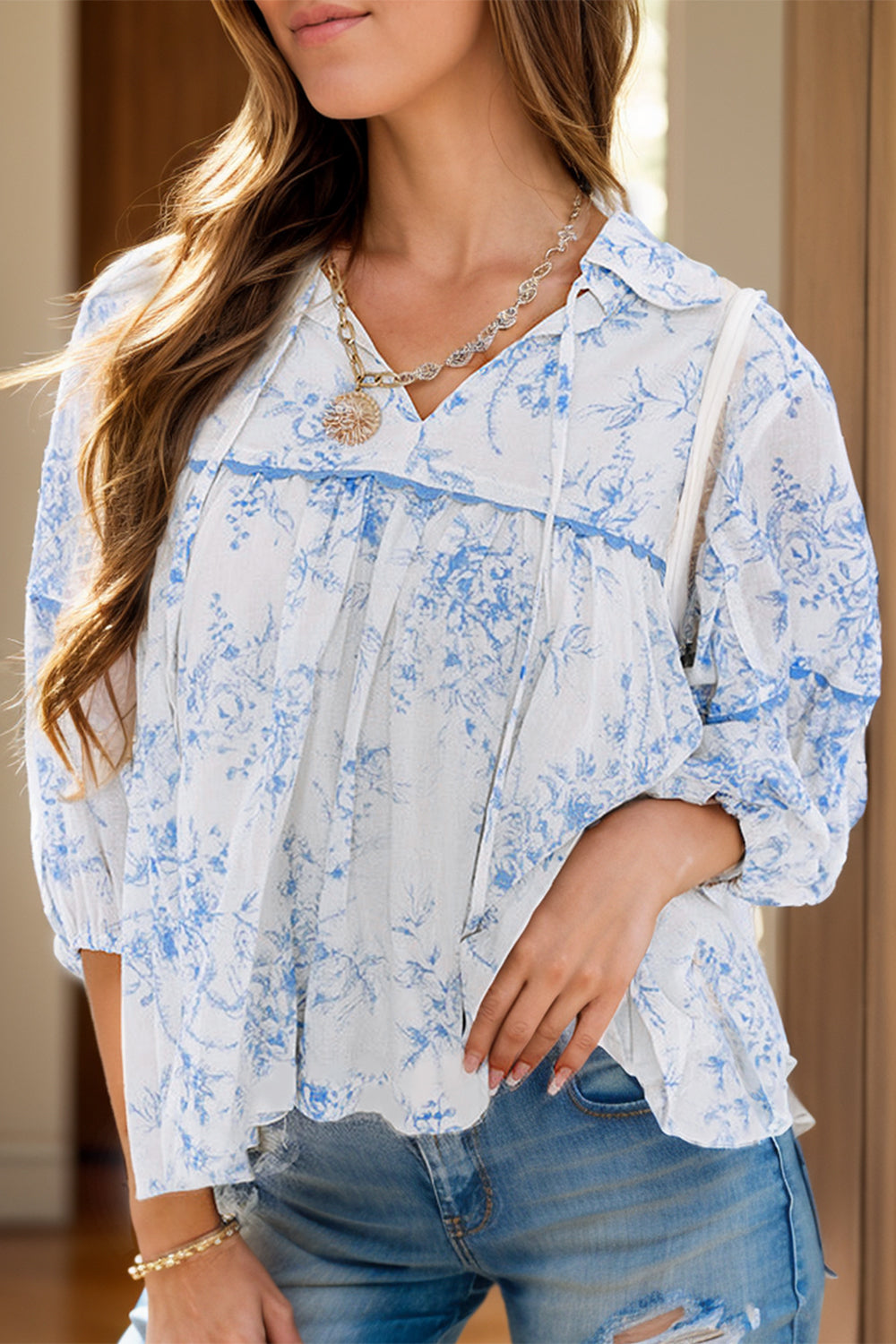 Printed Tie Neck Three-Quarter Sleeve Blouse White