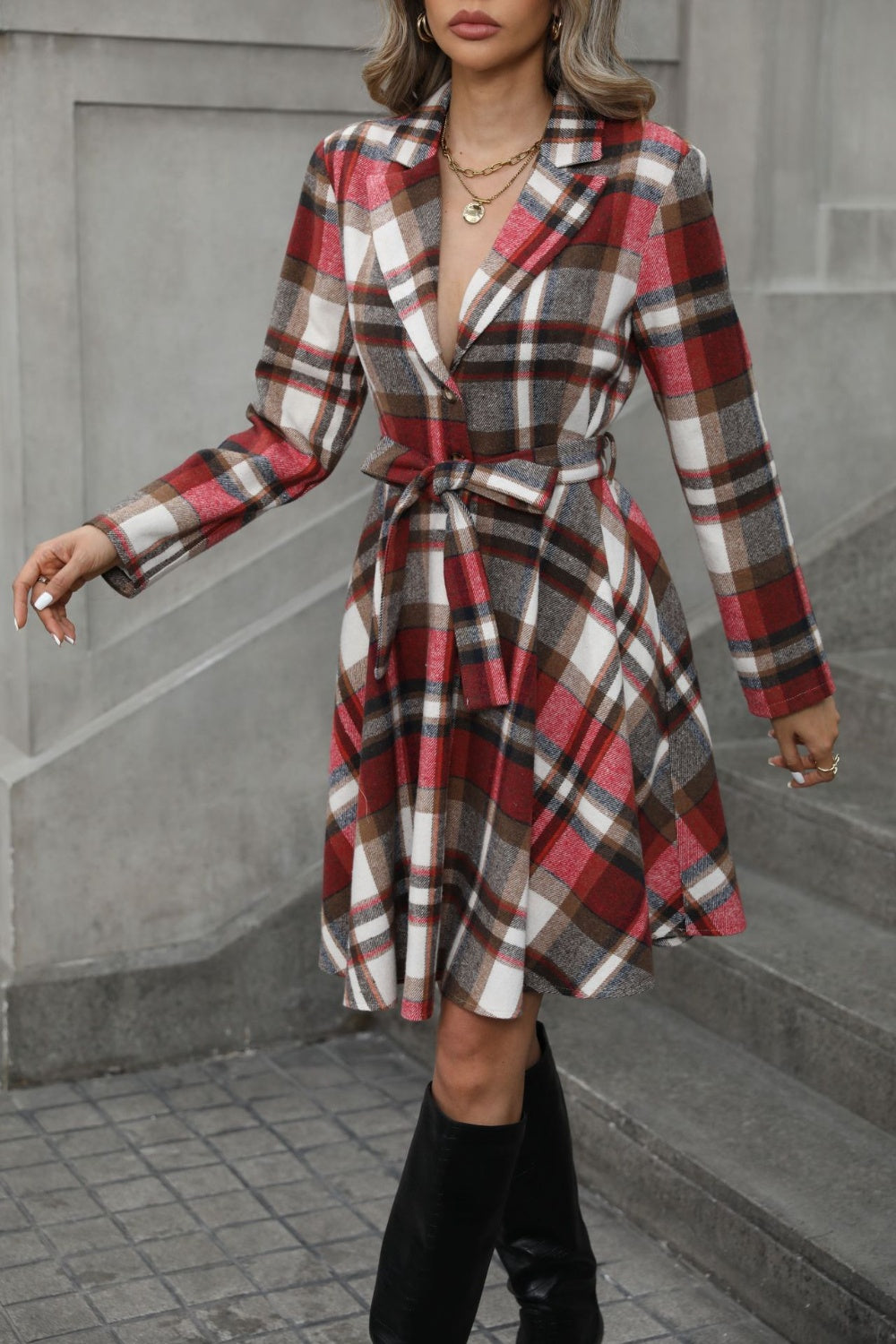 Plaid Tie Waist Long Sleeve Outerwear