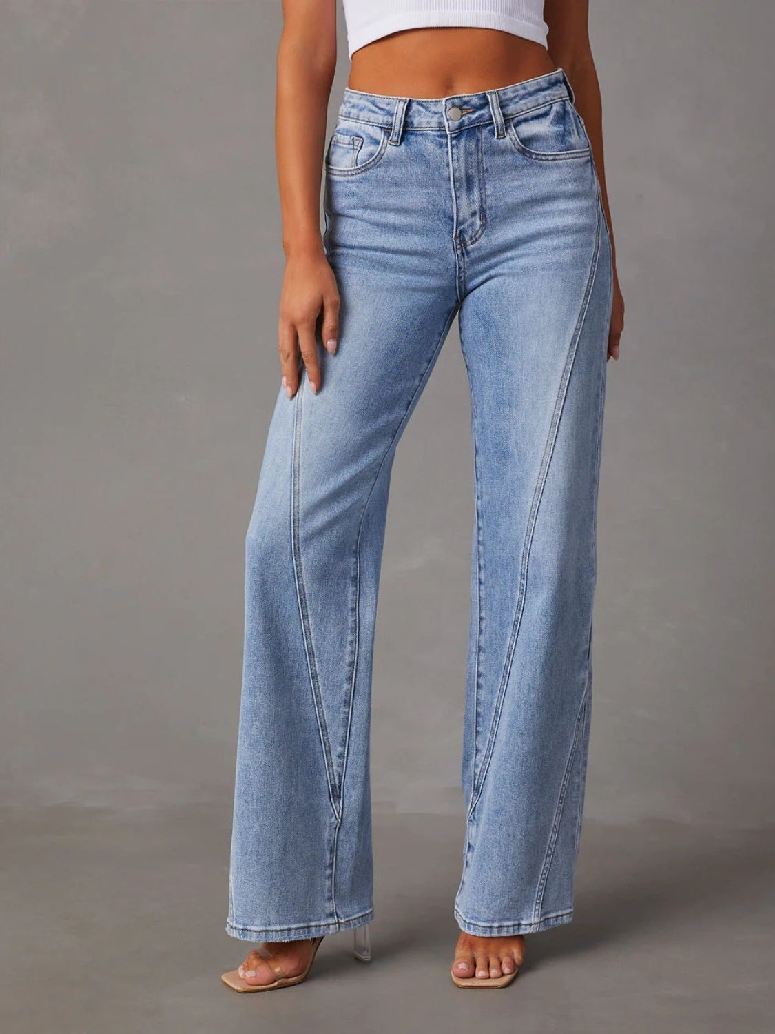 High Waist Straight Jeans with Pockets Light