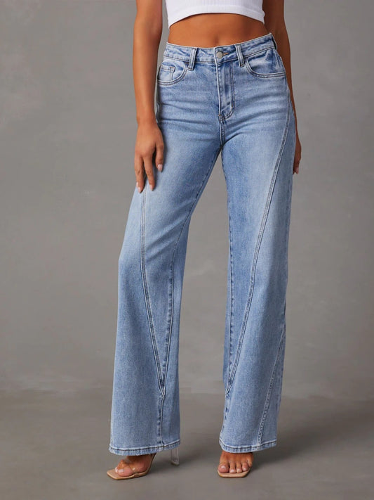 High Waist Straight Jeans with Pockets Light