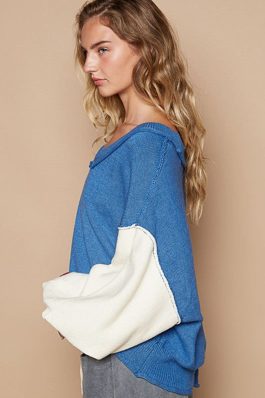 POL Exposed Seam Contrast V-Neck Lantern Sleeve Sweater