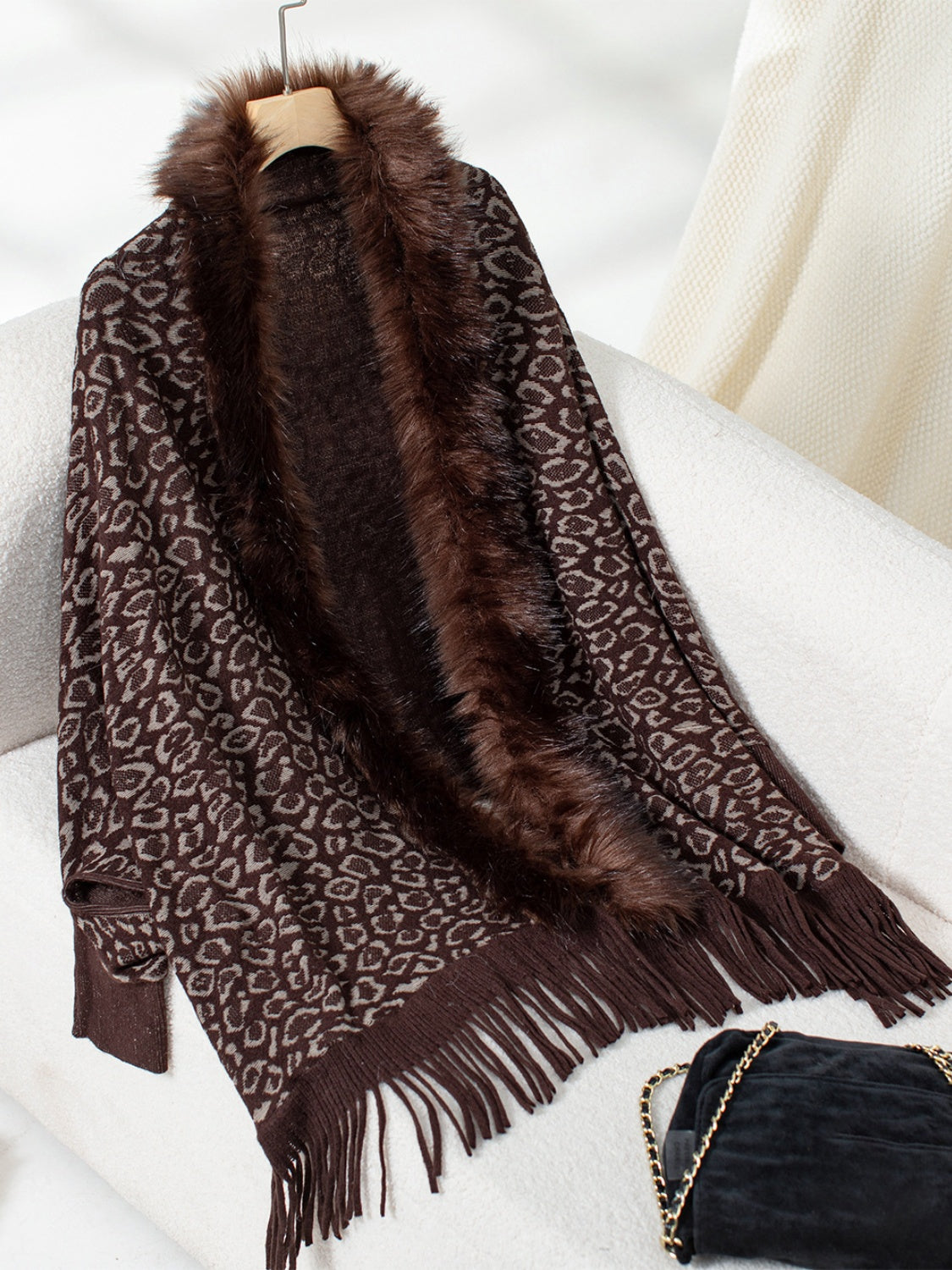 Fringe Leopard Open Front Long Sleeve Poncho Chocolate One Size