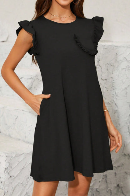 Pocketed Ruffled Cap Sleeve Mini Dress Black