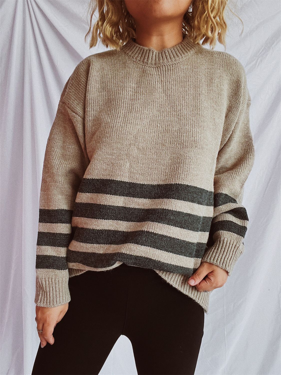 Striped Dropped Shoulder Long Sleeve Sweater Mocha One Size