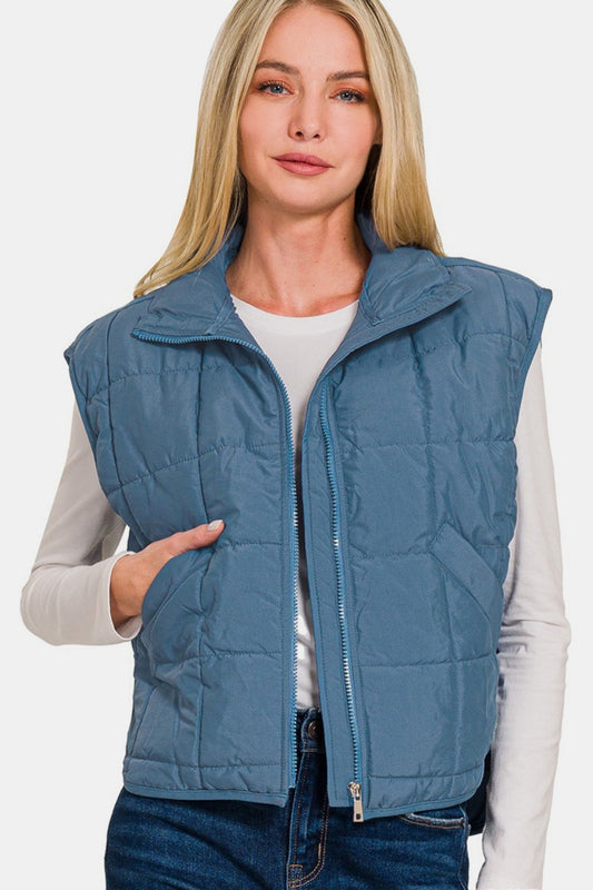 Zenana Zip Up Cropped Puffer Vest with Pockets Dusty Blue