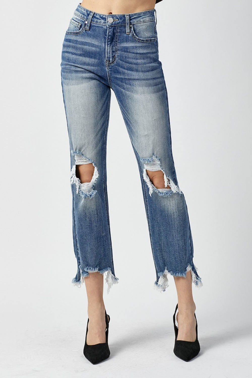 RISEN High Waist Distressed Frayed Hem Cropped Straight Jeans MEDIUM