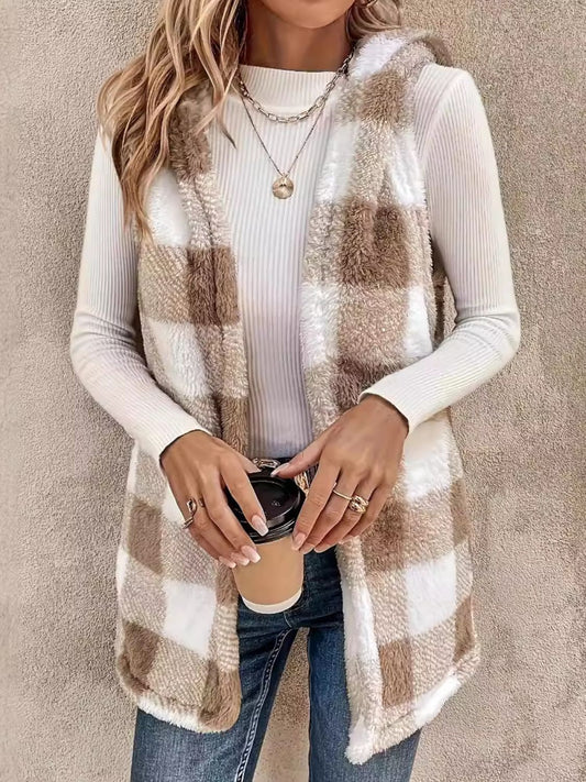 Fuzzy Plaid Hooded Vest Coat Camel