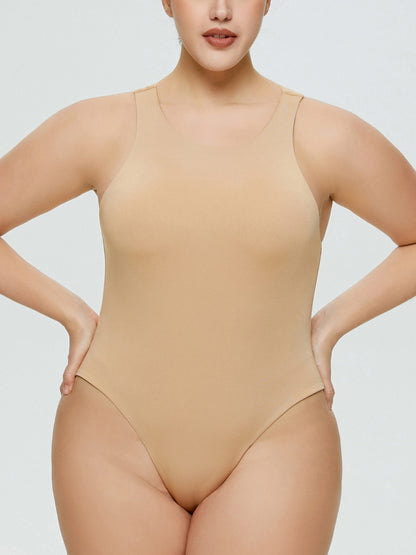 Full Size Round Neck Wide Strap Bodysuit Tan