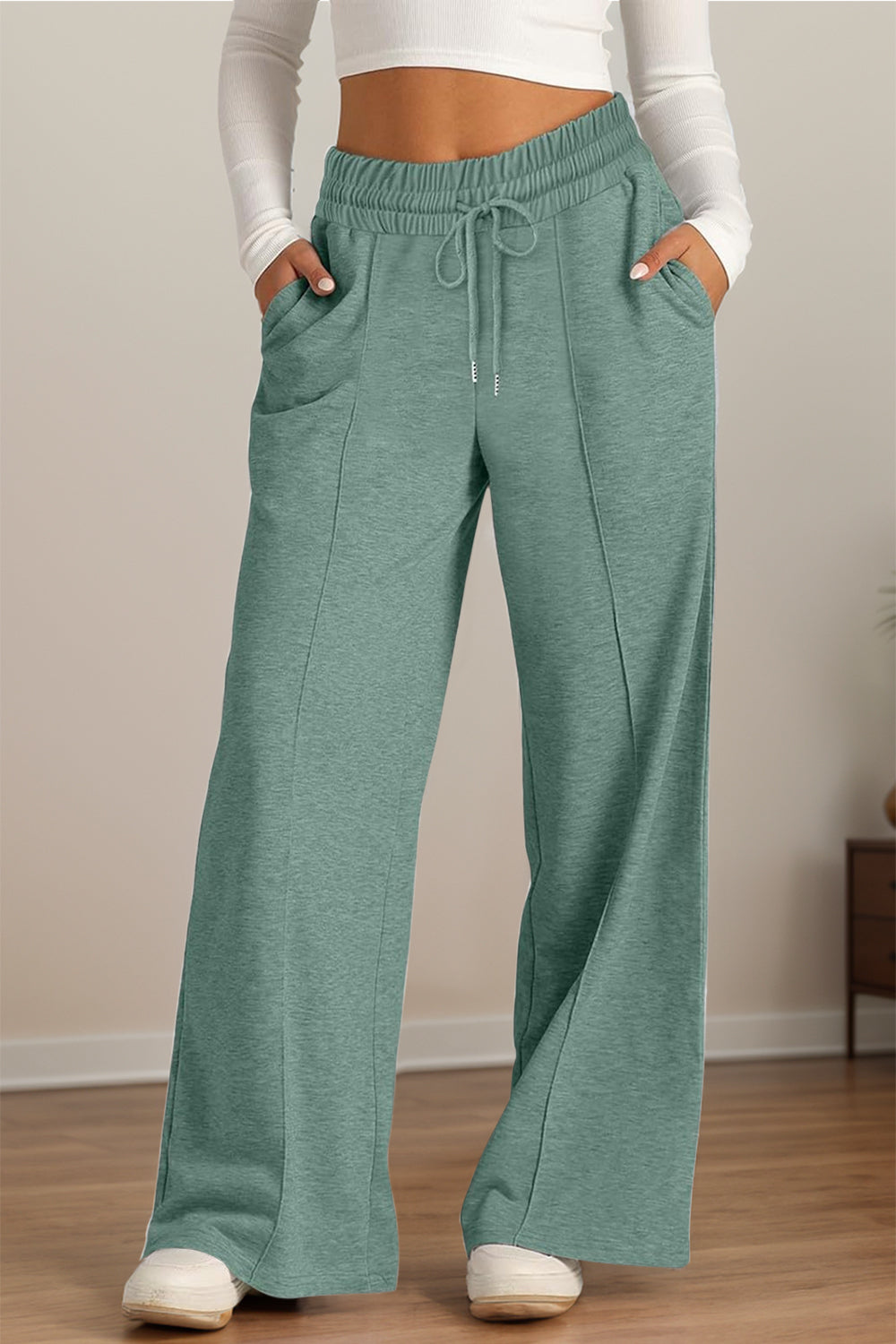 Drawstring Elastic Waist Wide Leg Pants Sage