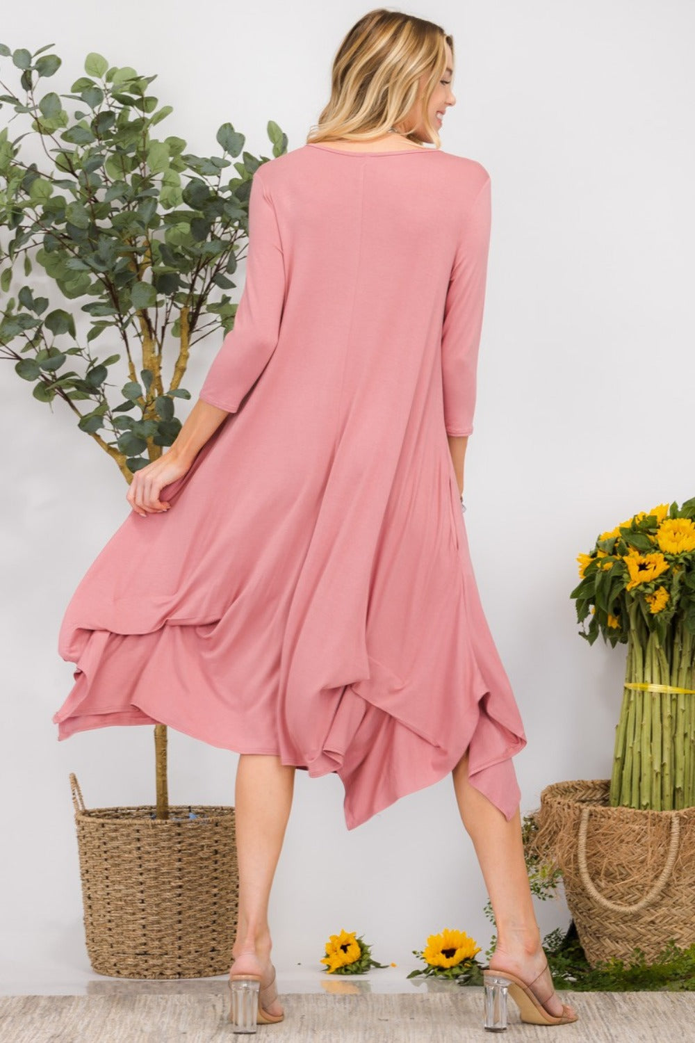 Asymmetrical Midi Dress with Ruched Hem