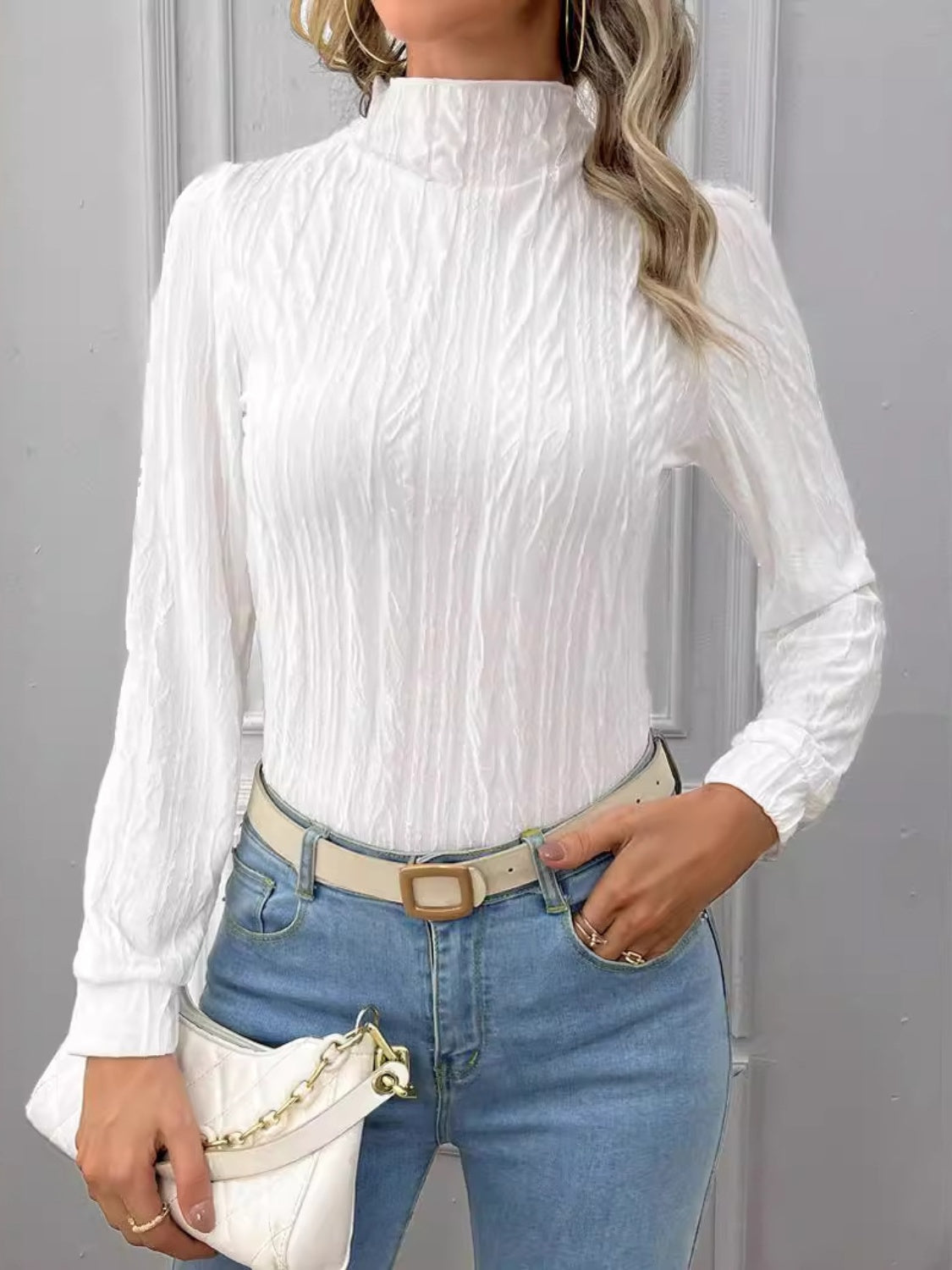 Texture Mock Neck Long Sleeve Top White