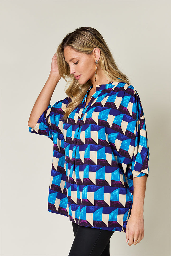 Printed Notched Neck Blouse with Short Sleeves