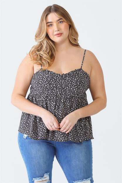 Zenobia Plus Size Frill Smocked Floral Sweetheart Neck Cami Black