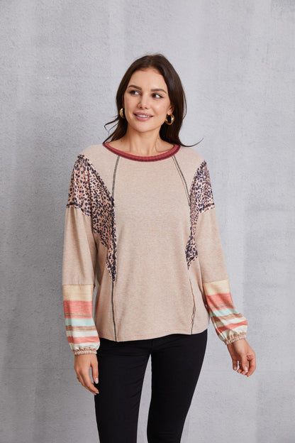 Contrast Stitching Leopard Long Sleeve Blouse Beige