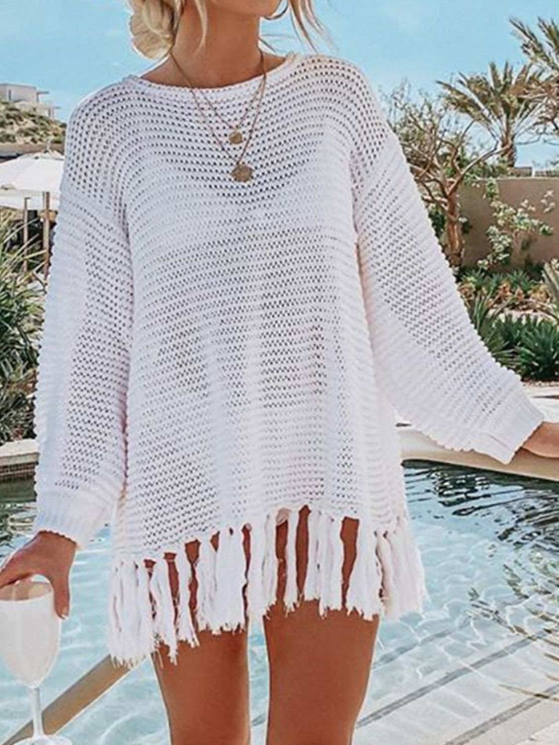 Boho Openwork Tassel Hem Knit Kimono White