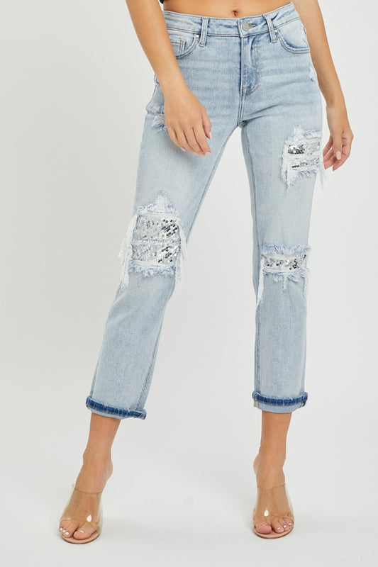 RISEN Mid-Rise Sequin Patched Jeans Light