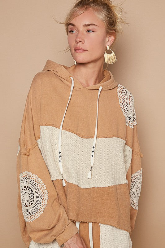 POL Openwork Contrast Dropped Shoulder Hoodie Wheat