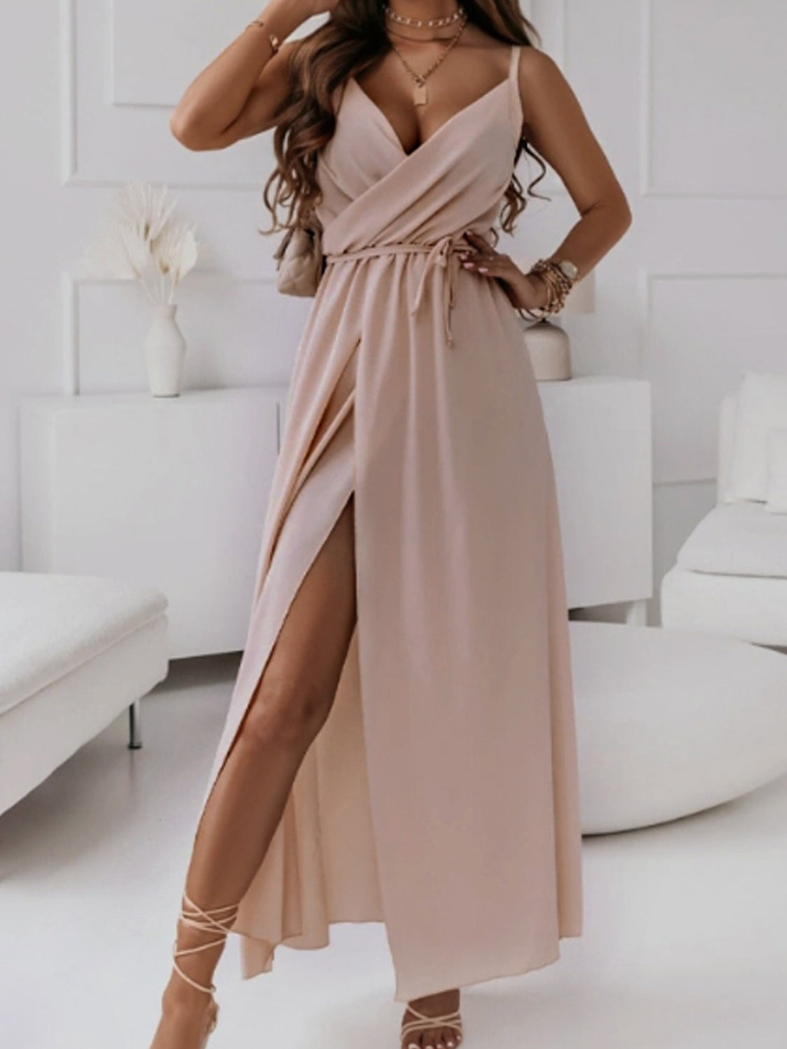 Tied Surplice Sleeveless Midi Cami Dress Pale Blush