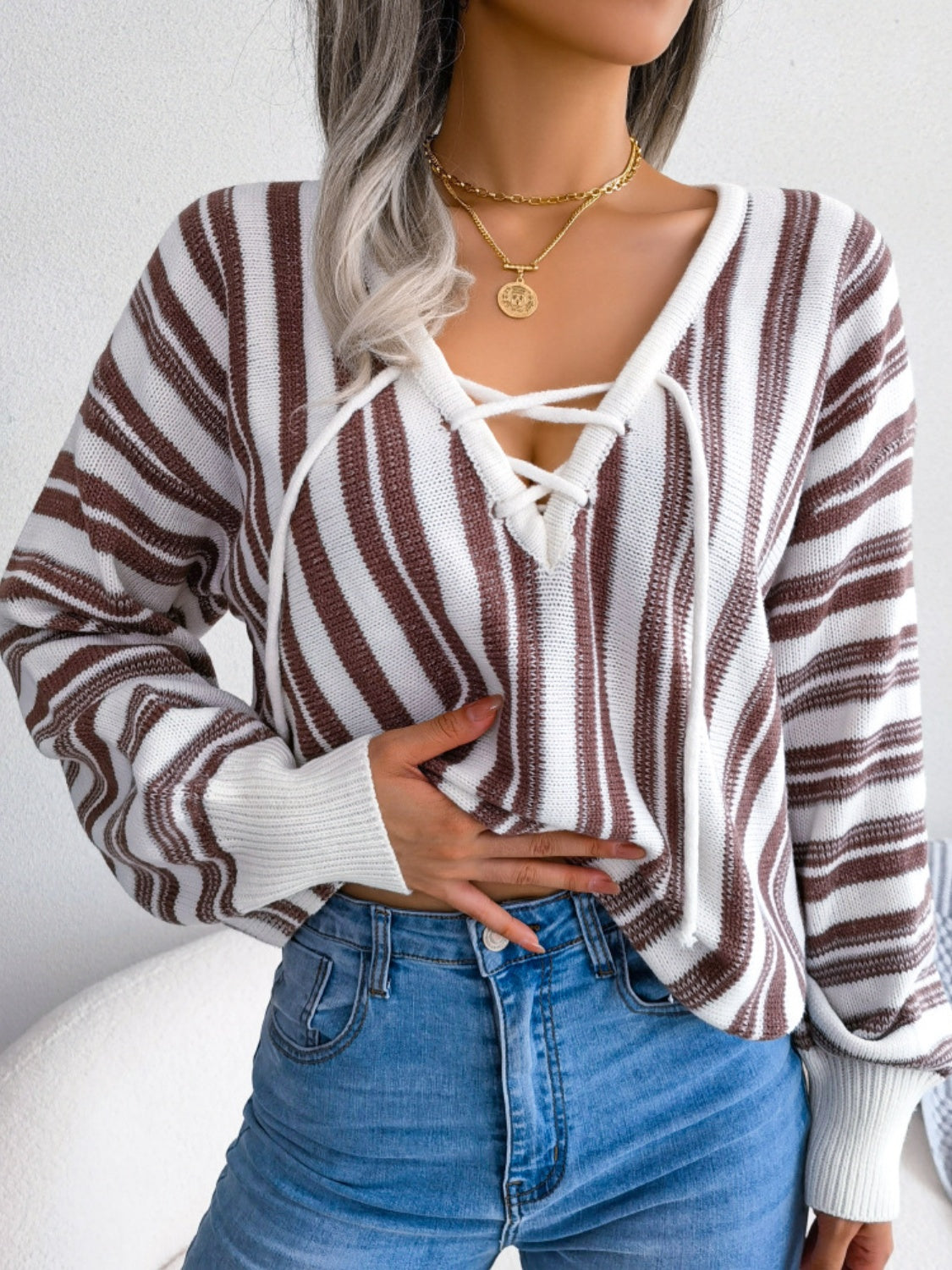 Striped Lace-Up Long Sleeve Sweater Taupe