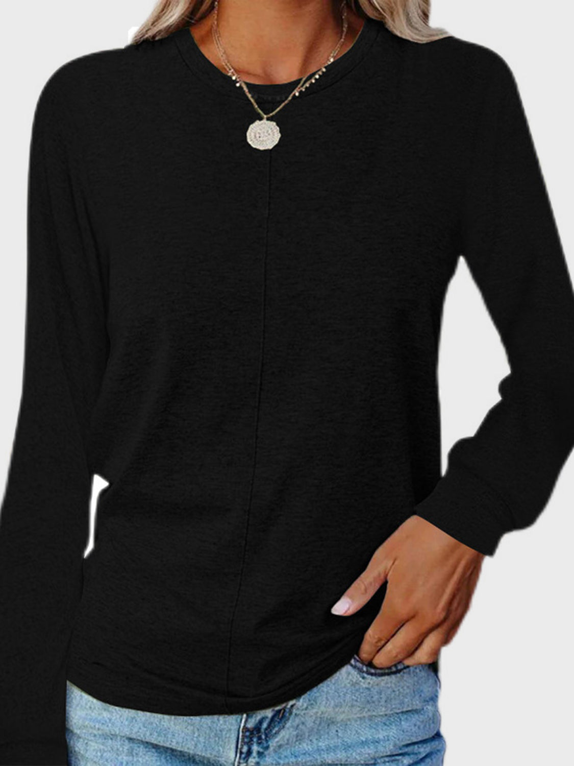 Full Size Round Neck Long Sleeve T-Shirt Black