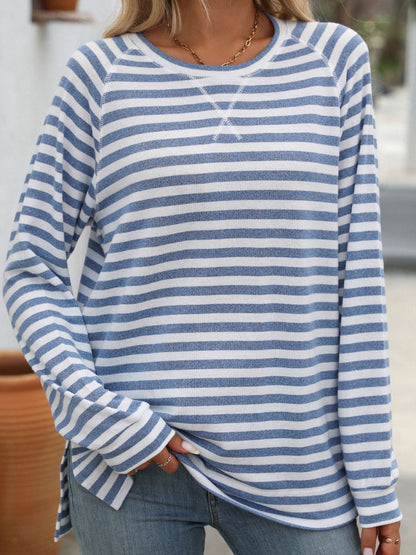 Mandy Striped Round Neck Long Sleeve T-Shirt Dusty Blue