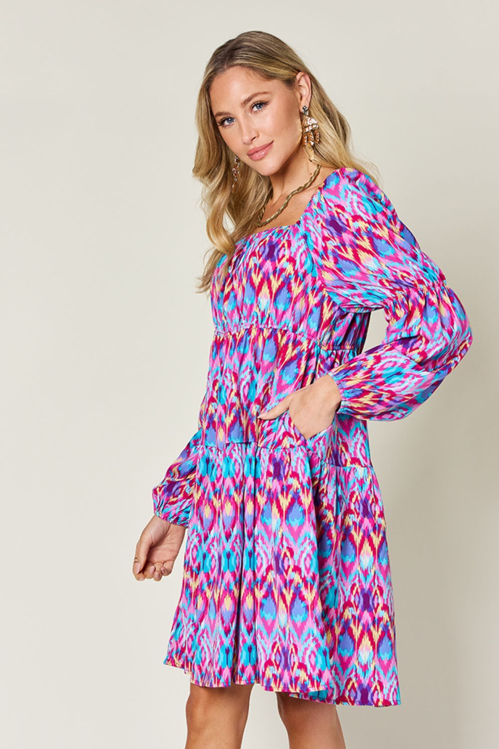 Printed Long Sleeve Smocked Dress