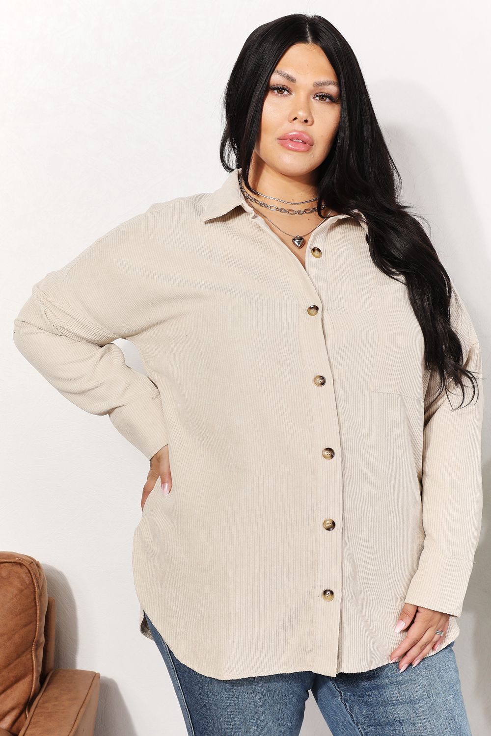 HEYSON Full Size Oversized Corduroy Button-Down Tunic Shirt with Bust Pocket