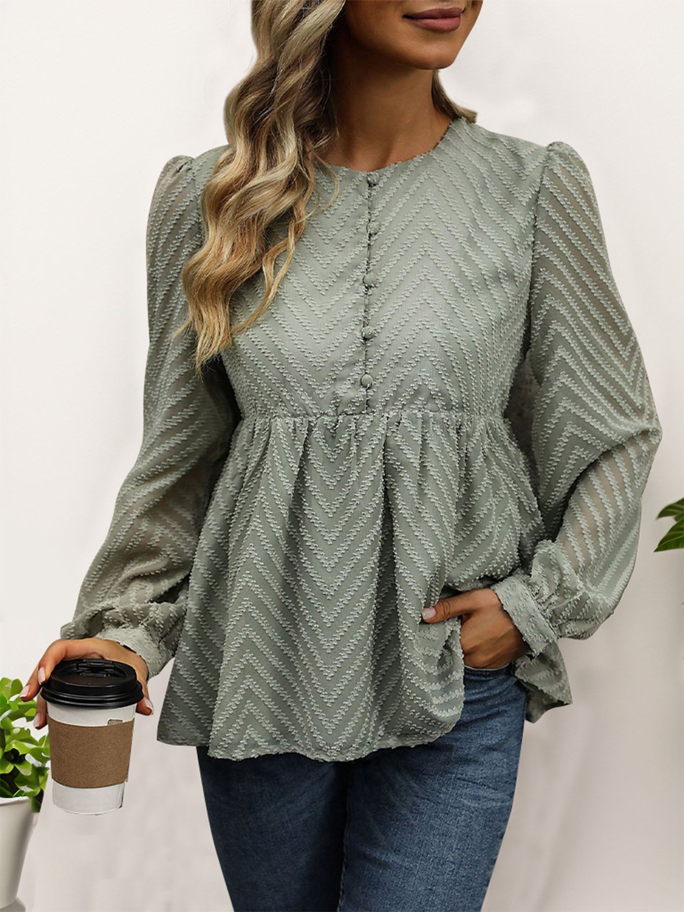 Peplum Round Neck Long Sleeve Blouse Sage