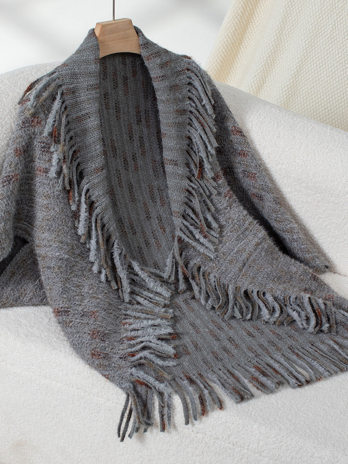 Fringe Open Front Half Sleeve Poncho Dark Gray One Size