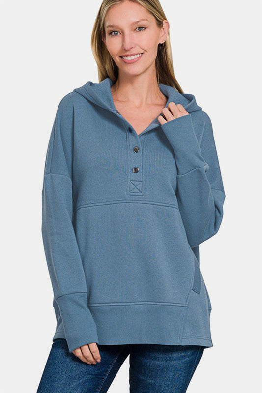 Zenana Half Snap Long Sleeve Hoodie with Kangaroo Pocket Dusty Blue