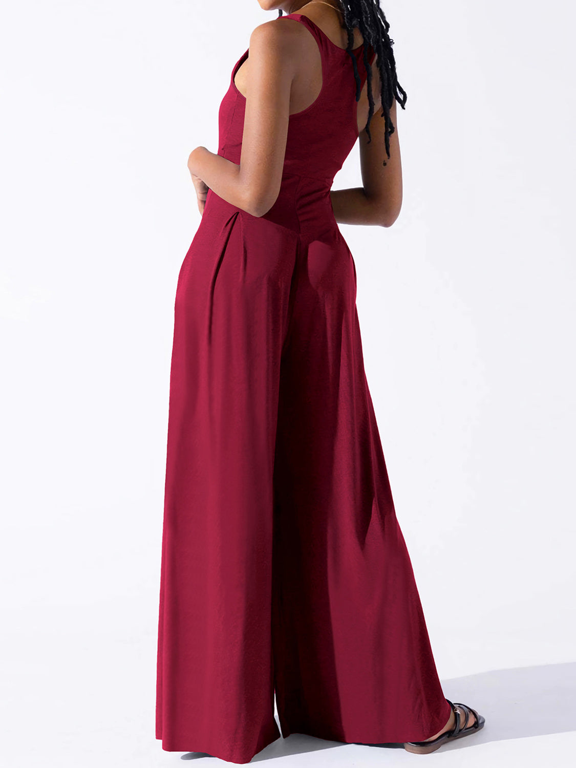 Square Neck Wide Strap Jumpsuit Burgundy