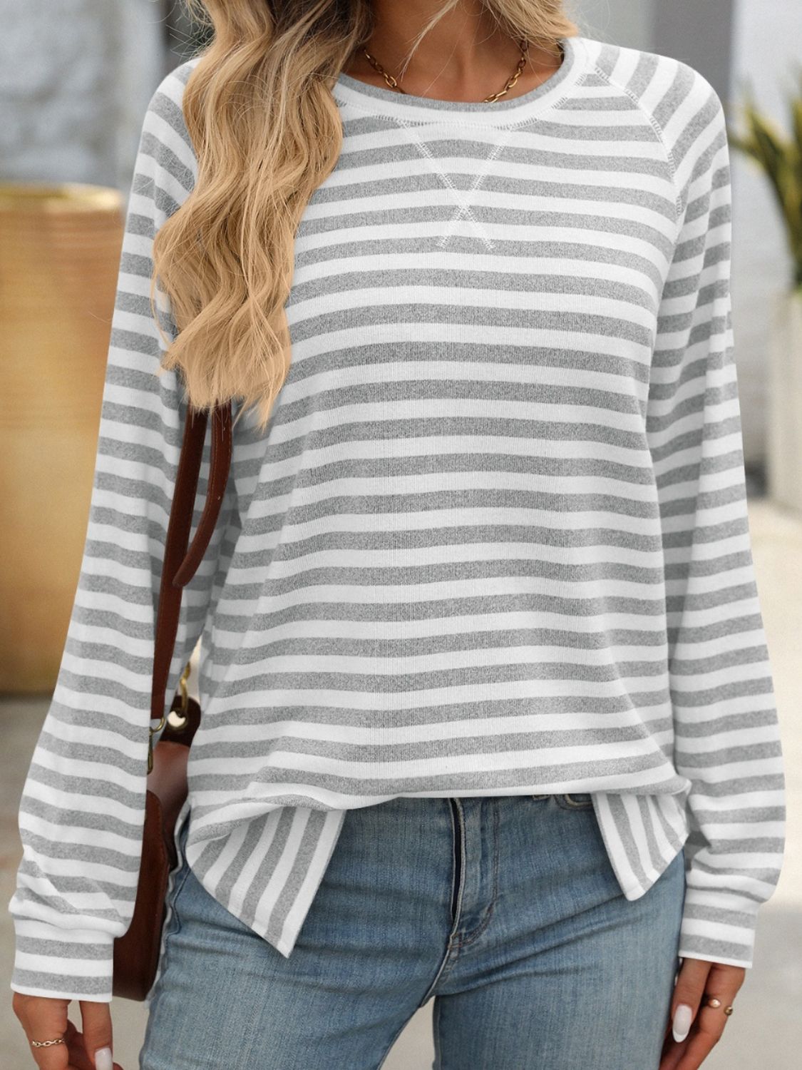 Mandy Striped Round Neck Long Sleeve T-Shirt Light Gray