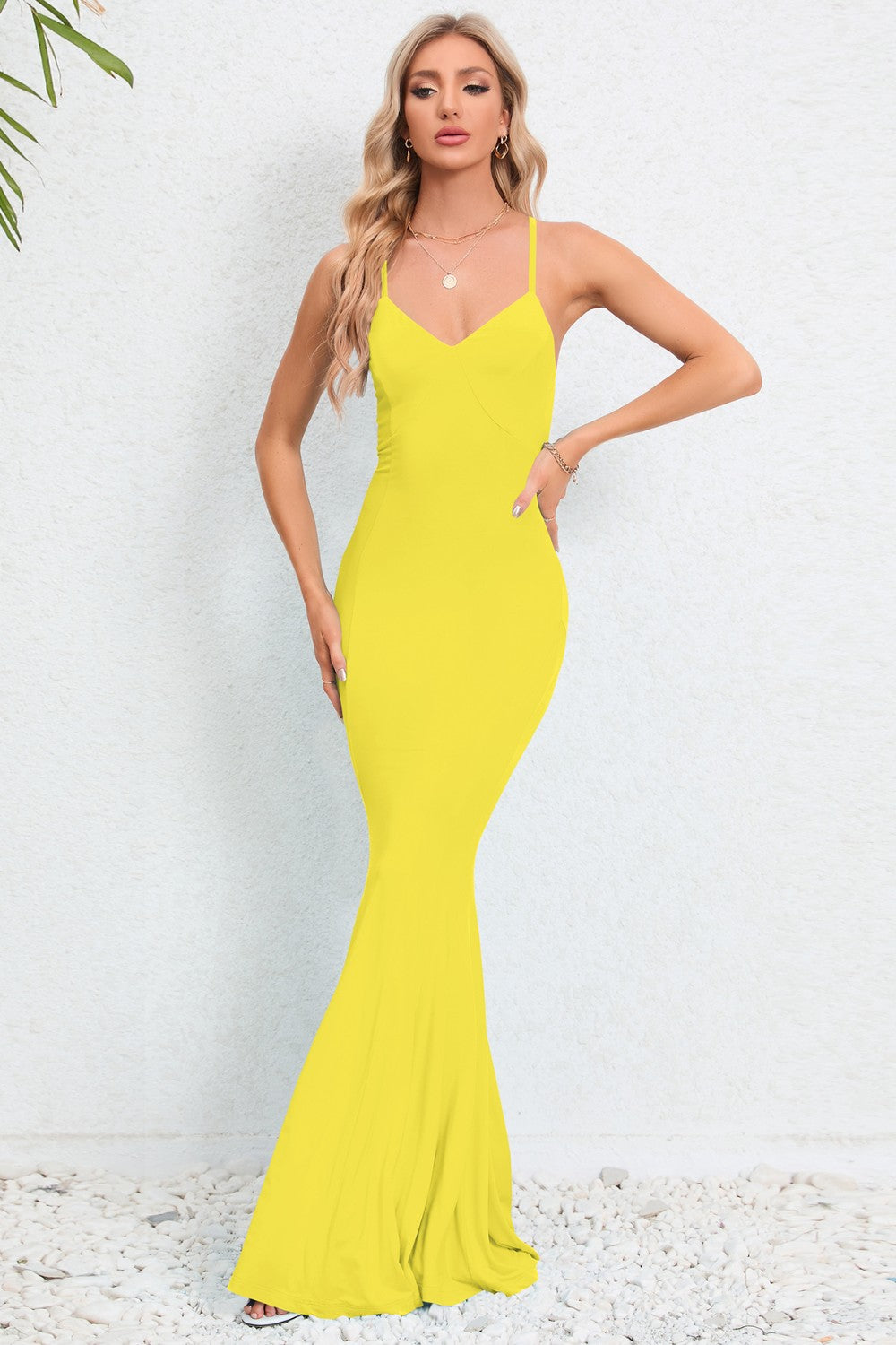 Elegant Crisscross Spaghetti Strap Fishtail Dress Yellow