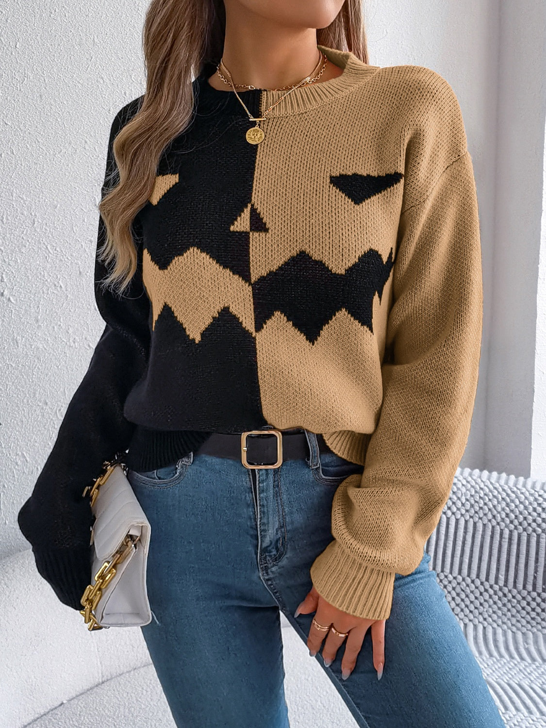 Contrast Round Neck Long Sleeve Sweater Camel