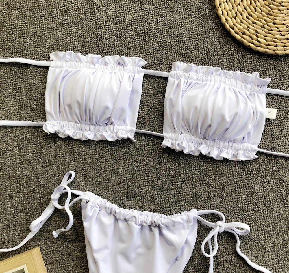 Ruched bikini set with flirty frill trim