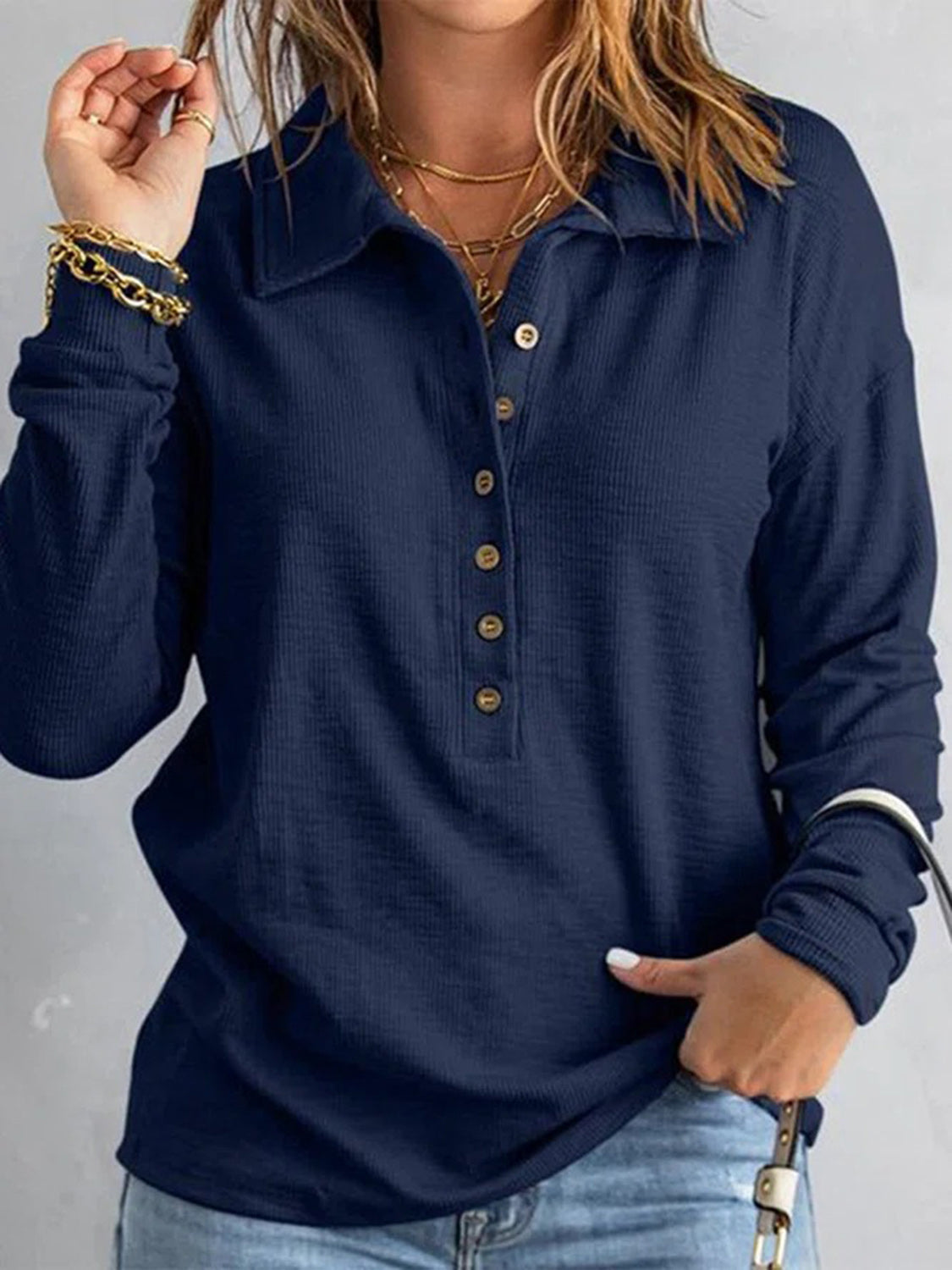 Full Size Half Button Collared Neck Drop Shoulder Top Navy