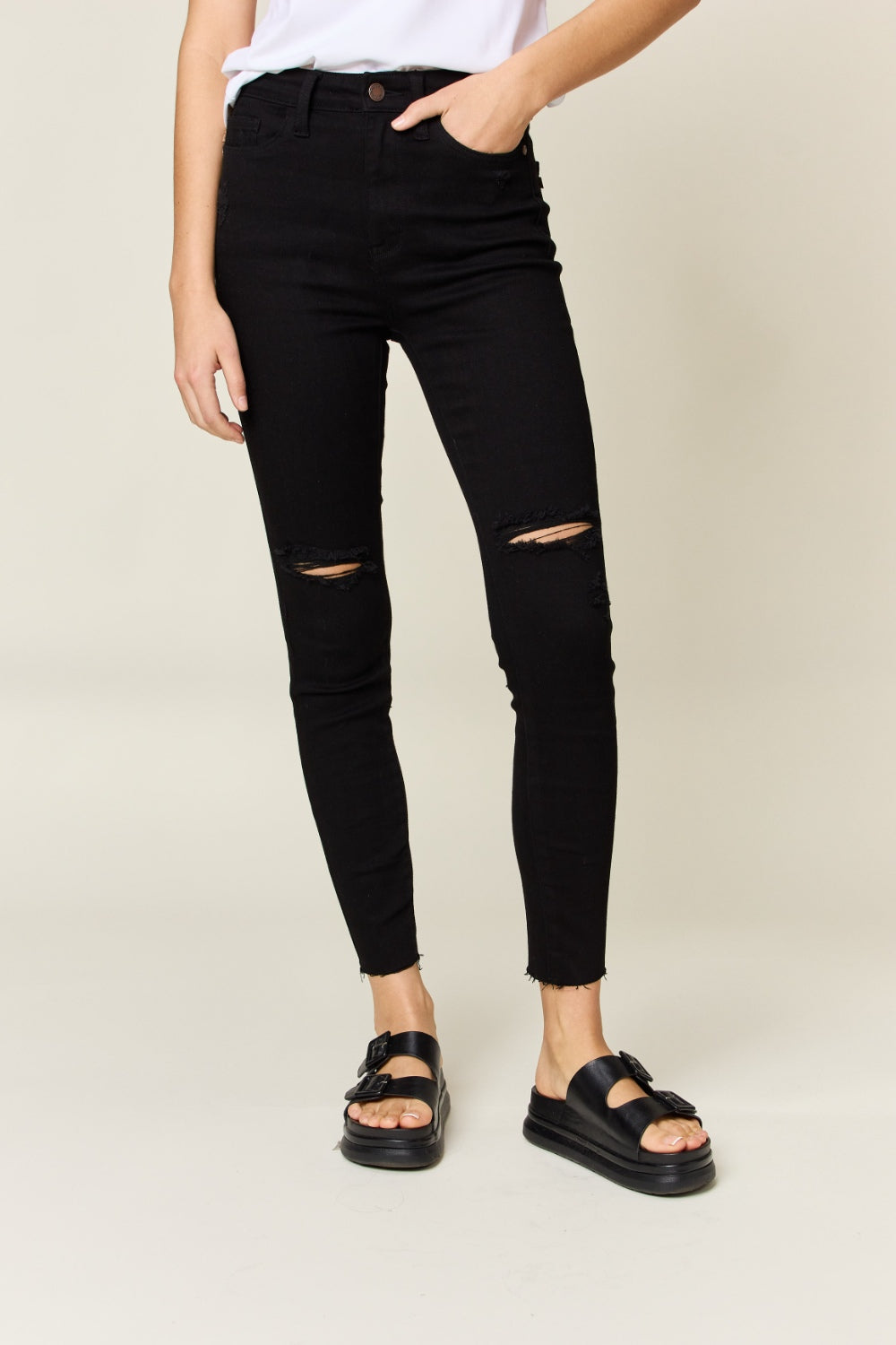 Judy Blue High-Waist Distressed Ankle Skinny Jeans Black