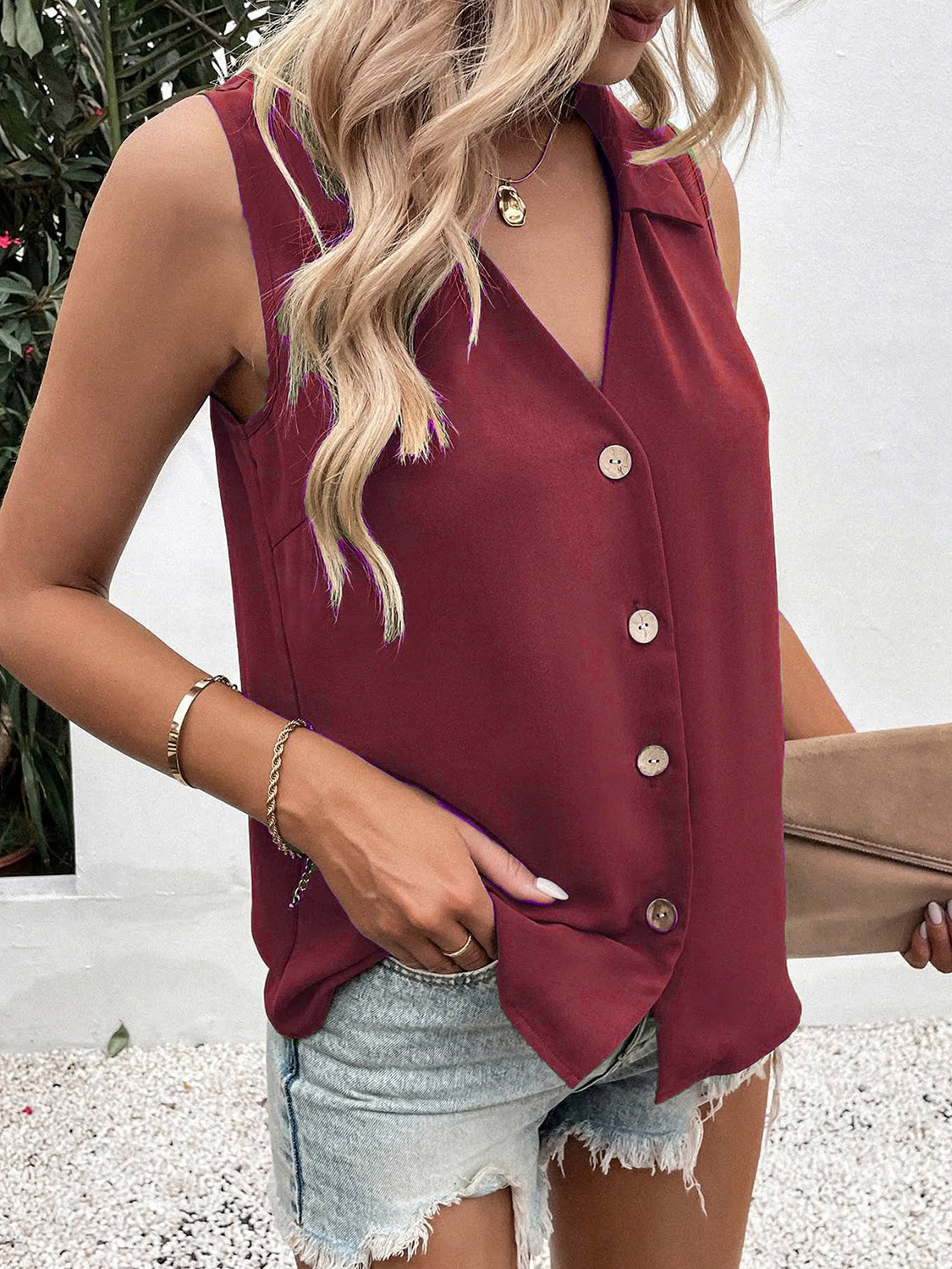 Full Size Johnny Collar Button Up Tank Burgundy