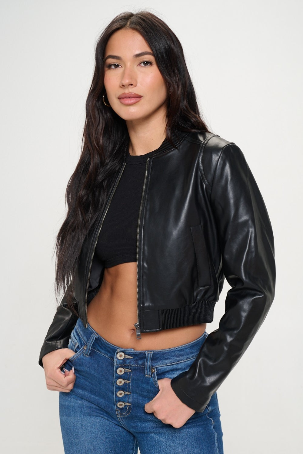 Vegan Leather Cropped Bomber Jacket Black