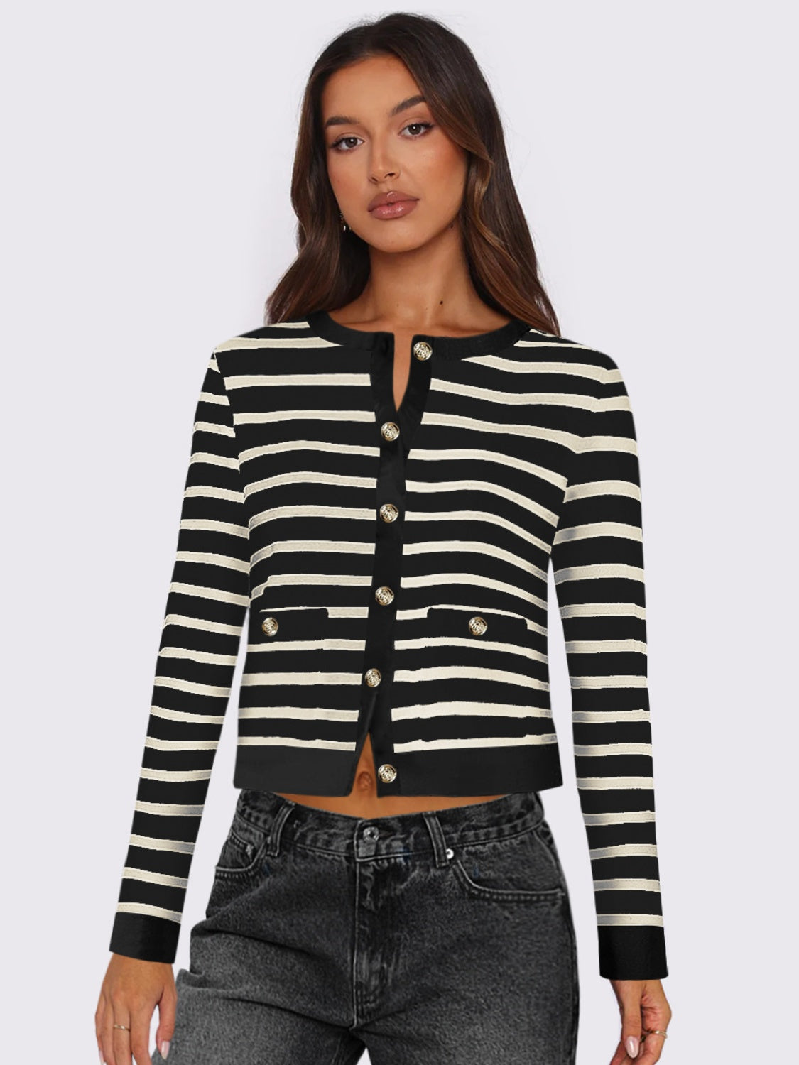 Striped Round Neck Button Up Long Sleeve Cardigan Black