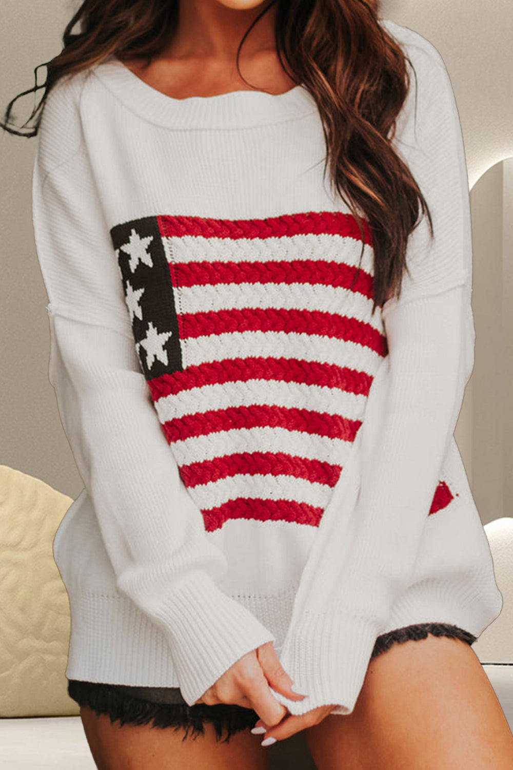 US Flag Round Neck Long Sleeve Knit Top White