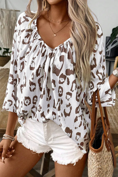 Leopard V-Neck Three-Quarter Sleeve Blouse Mocha