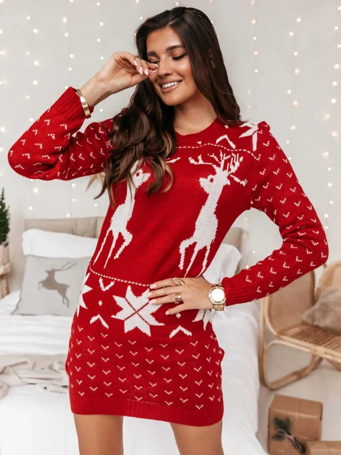 Reindeer Print Tunic Sweater Dress Deep Red