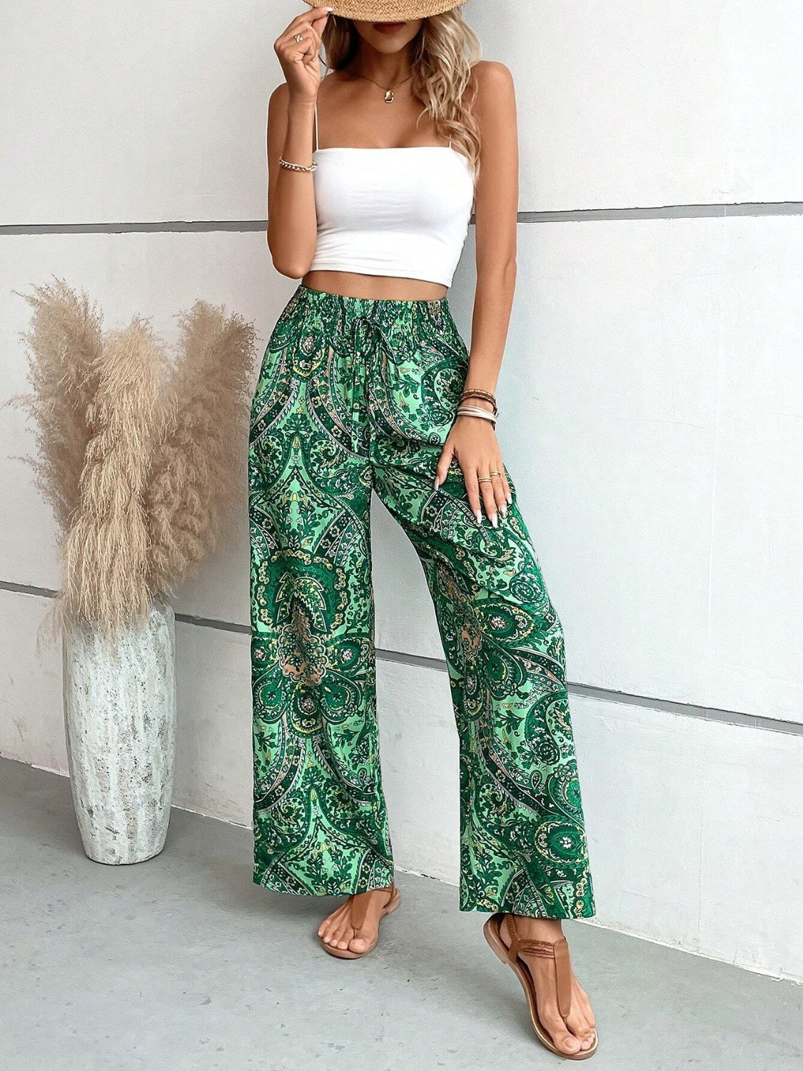 Tie Waist Printed Wide Leg Pants