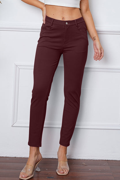 High Waist Stretchy Rayon Blend Pants Wine